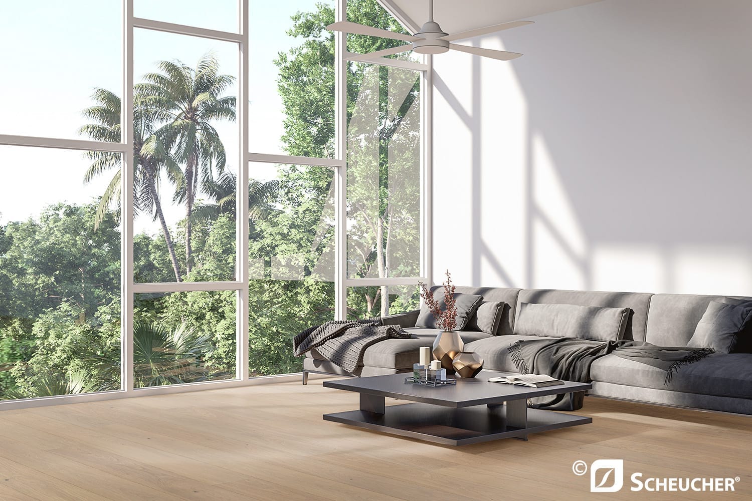 Modernes Wohnzimmer mit hellem Parkettboden und großen Fenstern